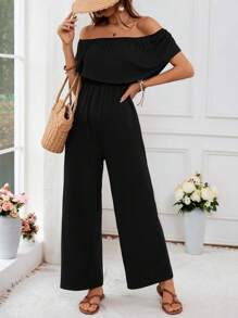 SHEIN VCAY Solid Color Open Shoulder Knitted Jumpsuit For Vacation - Black - View 3