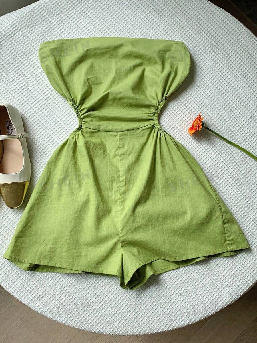 Comfortcana Rompers de lino para el verano con corte lateral, cintura plisada, sin tirantes y con espalda descubierta