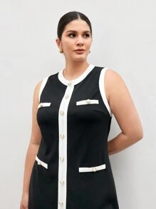 BizChic Vestido elegante sin mangas de punto de bloques de color - Negro - Ver 1