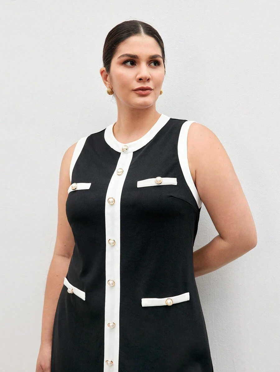 BizChic Vestido elegante sin mangas de punto de bloques de color - Negro - Ver 1