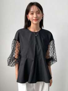 FRIFUL 女式夏季撞色网眼灯笼袖休闲衬衫，荷叶边长袖上衣 - 黑色 - 查看 1