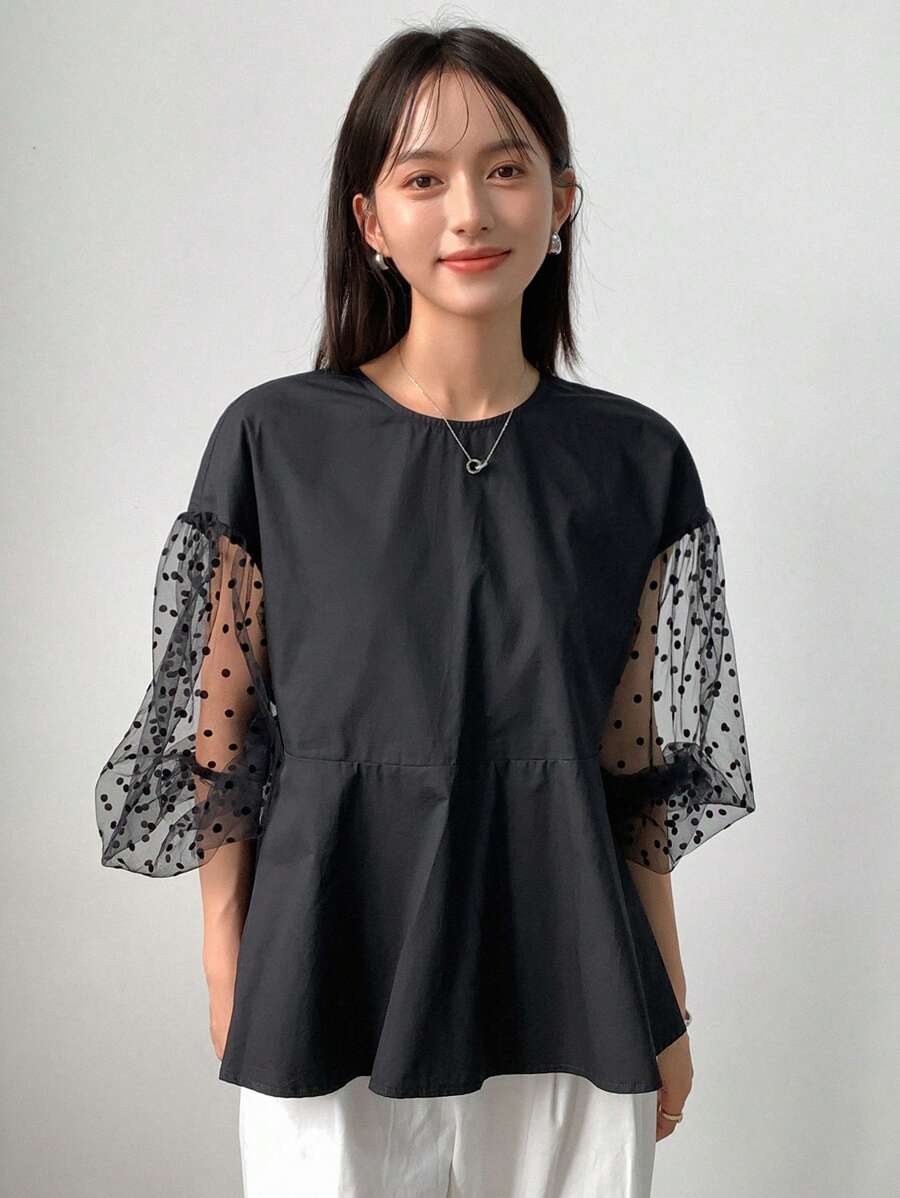 FRIFUL 女式夏季撞色网眼灯笼袖休闲衬衫，荷叶边长袖上衣 - 黑色 - 查看 1