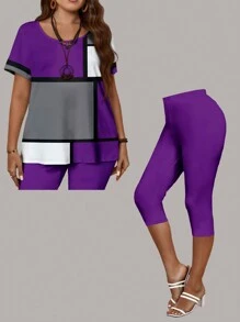 EMERY ROSE Plus Size Women's Slimming Asymmetrical Color Block Grid T-Shirt And Leggings Set, Pink, For Summer - Purple - View 3
