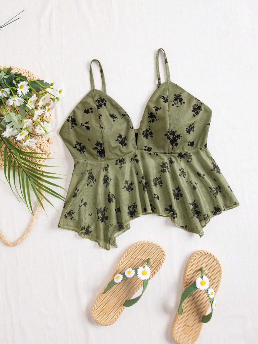 SHEIN VCAY Vacation Style Floral Print Asymmetrical Hem Cami Top - Army Green - View 1