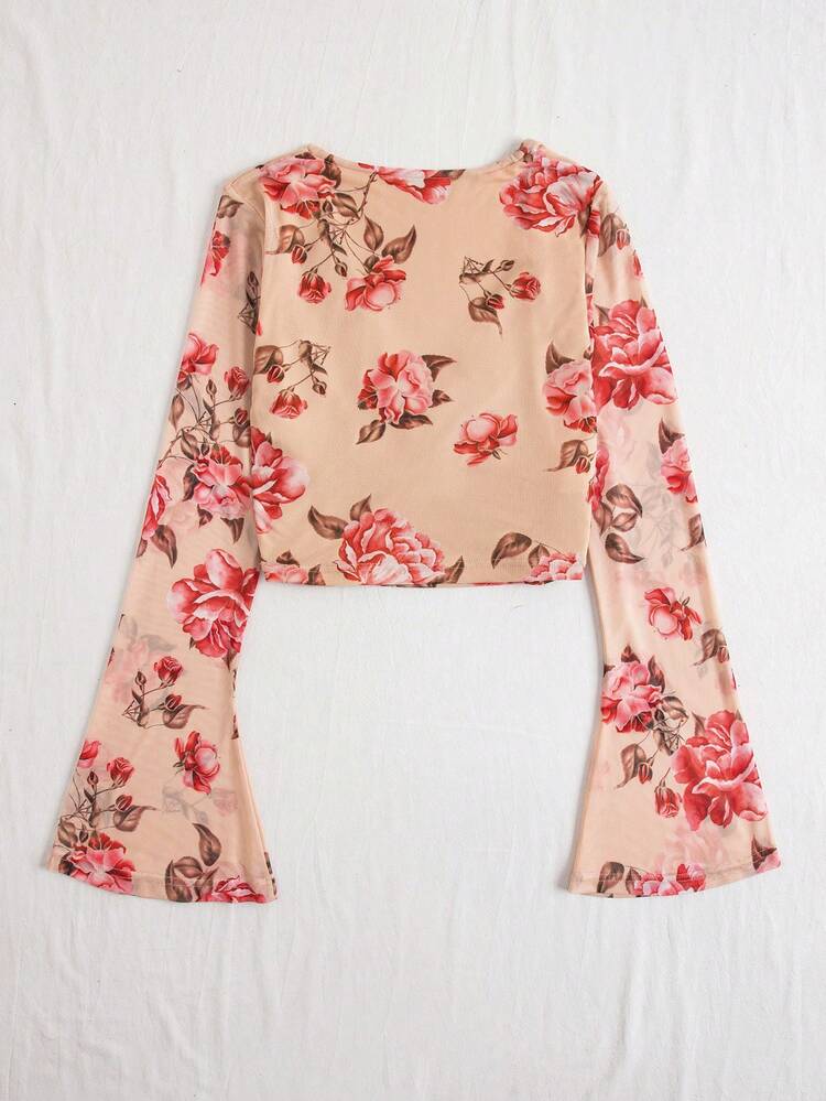 Vacation Romantic Floral Printed Mesh Knit Bell Sleeve Women T-Shirt Summer Crop Tops