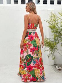 SHEIN VCAY 女式拼接蕾絲腰帶和花卉印花假兩件雪紡連身裙，夏季假期必備