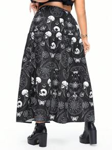ROMWE Dark Gothic Cosmic Star In Skull Full Váy Chữ A Plus Size Váy, Giảm Béo Và Che Phủ - Đen và trắng - Xem 3