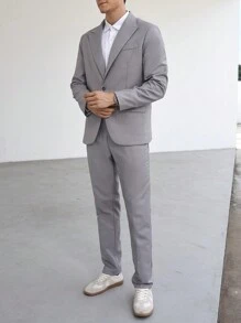 Manfinity Mode Men's Single-Button Blazer With Suit Pants, Suit Set - Grey - View 3