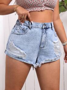 Breezaya Shorts en denim décontracté et déchiré pour le vacances en grande taille avec bord frangé