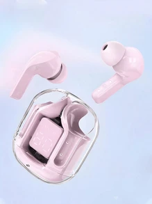 装饰新款透明触控低延迟 TWS 无线耳塞，适用于运动、办公、游戏，带 USB Type-C 充电端口，5.3 半入耳式无线运动耳机，超长电池寿命，通用兼容 TWS V5.3 全透明 T - 粉色 - 查看 2