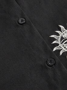 ROMWE Goth Áo sơ mi nữ thêu hình mặt trời, ngôi sao và mặt trăng phong cách boho - màu đen - Xem 4