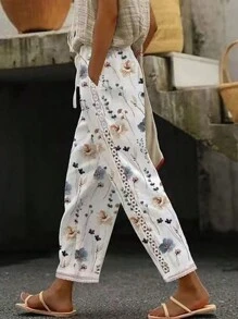 SHEIN LUNE 時尚印花拼接中空花邊修邊休閒長褲 - 白色 - 查看 1