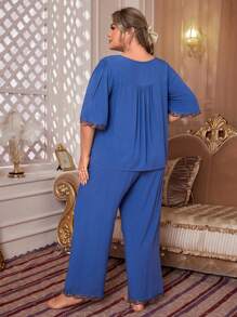 PalaceNights Plus Size Pajama Set With Wide Sleeve And Square Neckline Lace Patchwork - Navy Blue - View 2