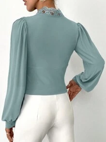 EURMUSE Guipure Lace Insert Lantern Sleeve Blouse - Green - View 2