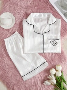 SHEIN Conjunto de pijama de 2 piezas con chaqueta de punto de manga corta a rayas y shorts para niñas