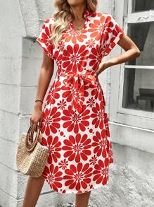 SHEIN LUNE Vestido de mujer con cinturón y cuello en V (patrón floral aleatorio) - Rojo - Ver 1