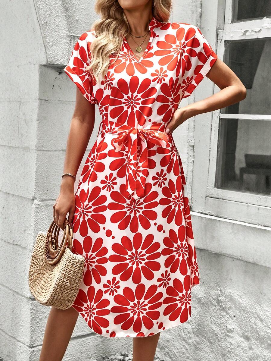 SHEIN LUNE Vestido de mujer con cinturón y cuello en V (patrón floral aleatorio) - Rojo - Ver 1
