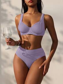 SHEIN Swim Bộ Bikini Hai Mảnh Đi Biển Mùa Hè Màu Trơn Rỗng Gợi Cảm Cho Nữ - Màu tím hoa cà - Xem 4