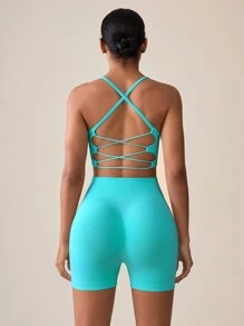 Easithlete Solid Color Backless Camisole Vest And Shorts Seamless Sports Set For Summer - Cadet Blue - View 2