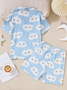Tween Girls' Cute Cloud Print Short Sleeve Top And Shorts Homewear Set - Blue - View 2