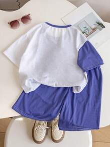 Ensemble de 2 pièces pour garçon adolescent: T-shirt à manches courtes et short d'été décontracté avec impression de lettre - Prune - Voir 2