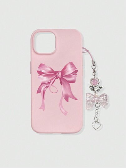 Kawaii جراب هاتف سيليكوني واحد مزين بشريط وعقدة وردية للفتاة، يمكن تعليقه بسلسلة، مناسب لأجهزة آيفون 12/13/14 ولغيرها من الطرز