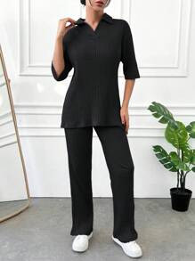 Cottnline Cotton Women's Spring/Summer Casual Solid Color Ribbed Knit 2-Piece Set - Black - View 4