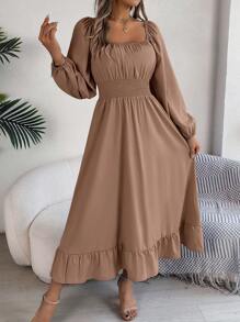 Actual Photo Spring/Summer Elegant Square Neckline Gathered Waist Ruffle Hem Dress - Khaki - View 7