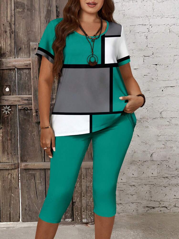 Plus Size Women's Asymmetrical Color Block Checkered T-Shirt And Slim Fit Leggings Two-Piece Outfit, For Summer