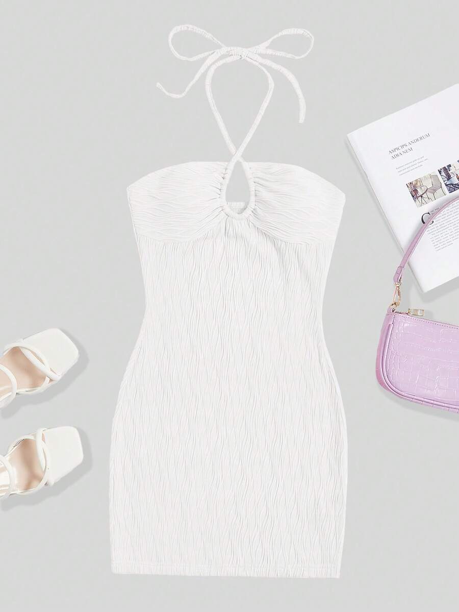 SHEIN EZwear 女士夏季紋理雙肩背心修身連身裙 - 白色 - 查看 1