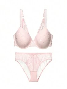 DesireSculpt Set de 2 sujetadores con aros y copas moldeadas, de encaje de pestañas y malla de color rosa, talla grande, lencería