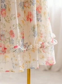 Soleia Plus Size Women Sweetheart Neck Puff Sleeve Floral Patchwork Talia A-Line Falbana Wykończenie Organza Casual Powrót Do Szkoły Słodka Lunch Mini Sukienka, Styl Wakacyjny