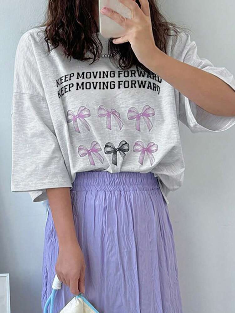 Women's Summer Slogan Bowknot Print Round Neck Short Sleeve Loose Casual T-Shirt Graphic Tee Oversized T-Shirt