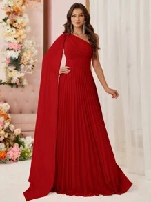SHEIN Belle Váy dạ hội xếp ly cổ bất đối xứng cho nữ, váy dạ hội trang trọng, váy dự tiệc cưới - Đỏ - Xem 1