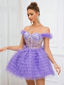 SHEIN Belle Vestido elegante, hermoso, encantador y lindo estilo princesa de tela de tul de malla multicapa en tono lila con decoración de plumas y efecto brillante en patchwork con forma de taza de hombro descubierto. Ideal para festivales de música, regreso a clases, ceremonias de graduación, fiestas de baile, té de la tarde, reuniones, cócteles y ocasiones formales. (Nota: la manga es de plumas). - Púrpura malva - Ver 7