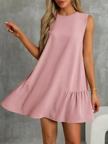 SHEIN Essnce 波西米亚风连衣裙淡蓝色连衣裙亚麻女式条纹圆领无袖休闲迷你连衣裙 - 粉色 - 查看 3