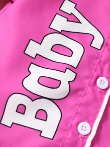 SHEIN Baby Girl Simple Printed Short Sleeve Top And Solid Color Long Pants Set - Hot Pink - View 4