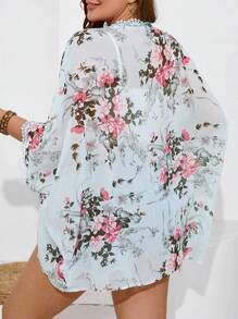 SHEIN Frenchy 大尺碼夏季花卉印花蕾絲修邊和服，鄉村節日裝束海灘女裝 - 淺藍色 - 查看 5