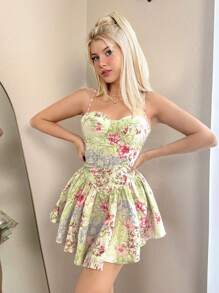 Sweetina Váy yếm dây mảnh mùa hè có dây đeo vai mảnh và viền cong, họa tiết hoa - Nhiều màu - Xem 3