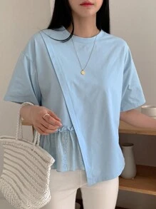 DAZY 女士夏季純色圓領寬鬆T卹，採用下垂肩和皺褶下擺設計 - 藍色 - 查看 5