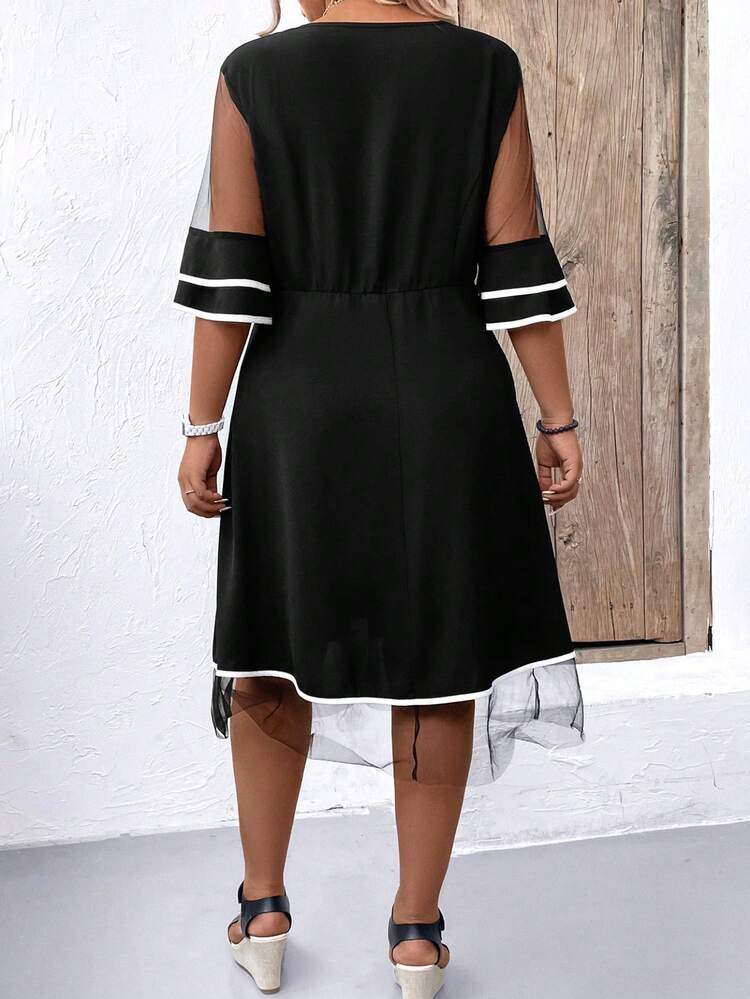 Plus Size V-Neck Single-Breasted Mesh Splice Casual Dress