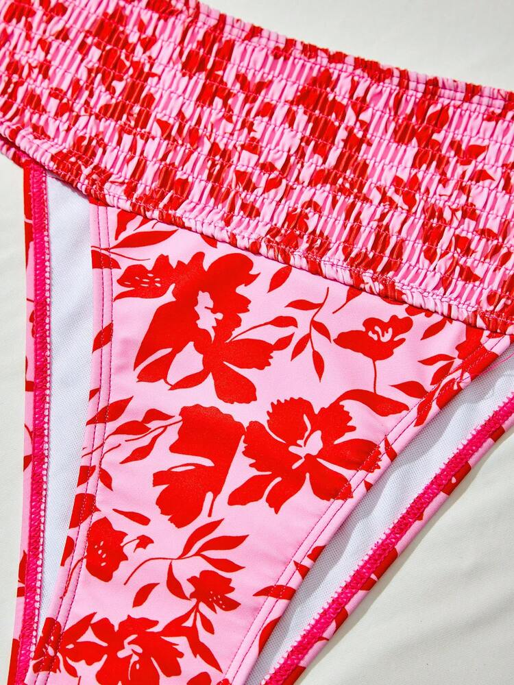 Women Vacation Beach Plant Print Shirred Bikini Set For Summer Beach