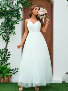 深 V 领缎面褶皱吊带连衣裙，网眼撞色，婚纱白色优雅新娘礼服 - 白色 - 查看 6