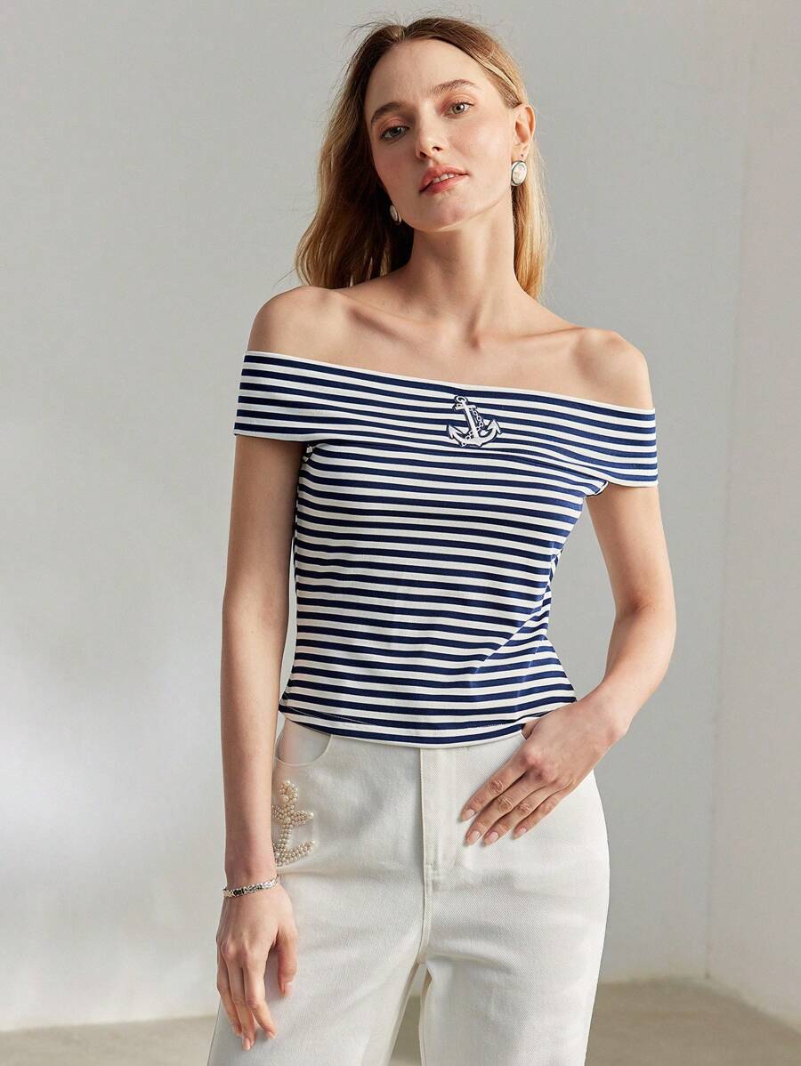 MOTF PREMIUM 女性夏季條紋露肩錨印花休閒針織上衣