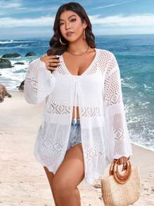 Breezaya Cárdigan De Talla Grande Con Nudo Delantero Y Huecos - Blanco - Ver 2