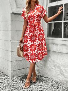 SHEIN LUNE Vestido de mujer con cinturón y cuello en V (patrón floral aleatorio) - Rojo - Ver 4