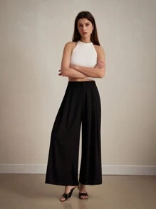 Aveloria Modichic Pantalones anchos de alta gama de pierna ancha y liso con pliegues para ocasiones tanto casuales como formales - Negro - Ver 1