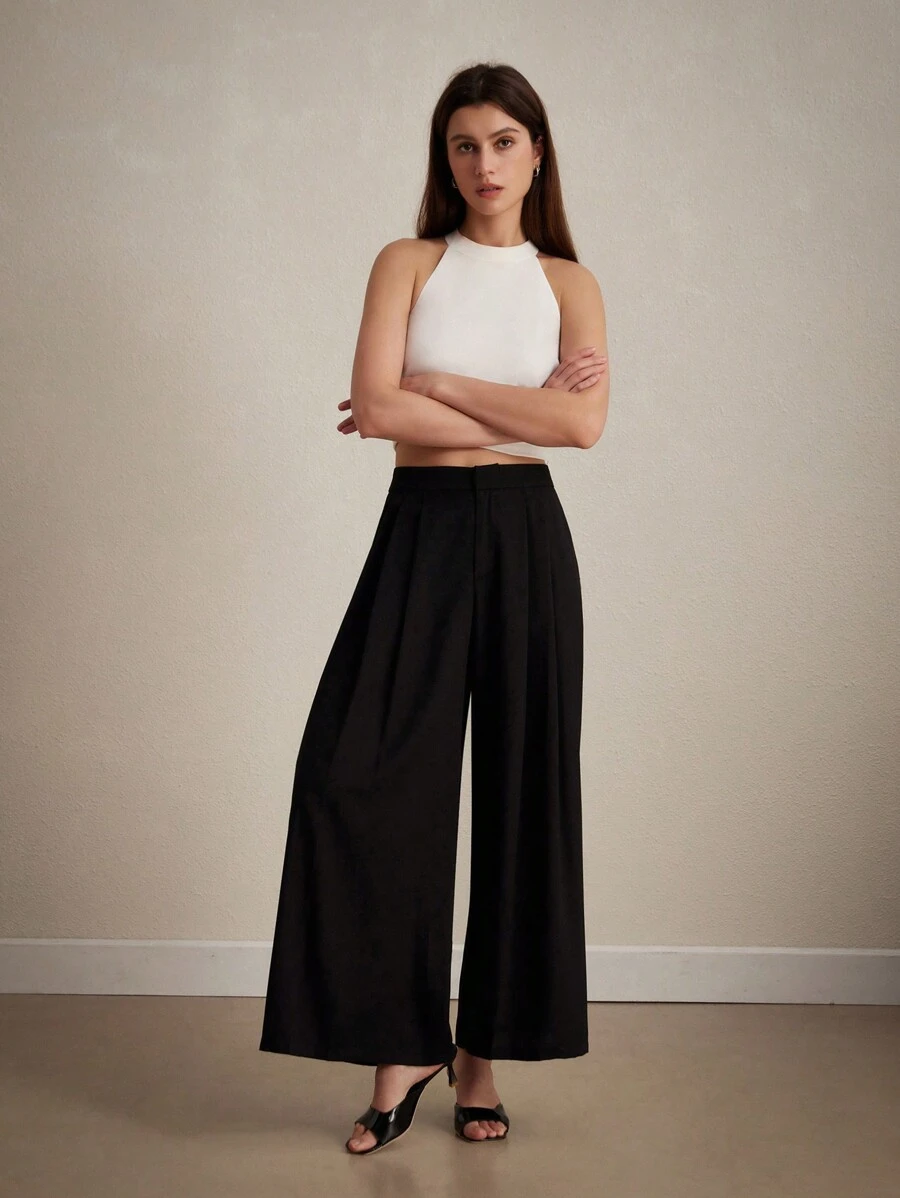 Aveloria Modichic Pantalones anchos de alta gama de pierna ancha y liso con pliegues para ocasiones tanto casuales como formales - Negro - Ver 1