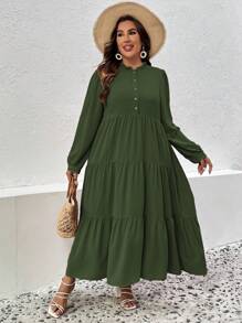 SHEIN LUNE Đầm dài tay màu trơn đơn giản hàng ngày cỡ lớn cho nữ - xanh quân đội - Xem 4