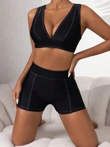 SHEIN Swim Women's Summer Beach Color Block Criss Cross Tankini Set - Black - View 1